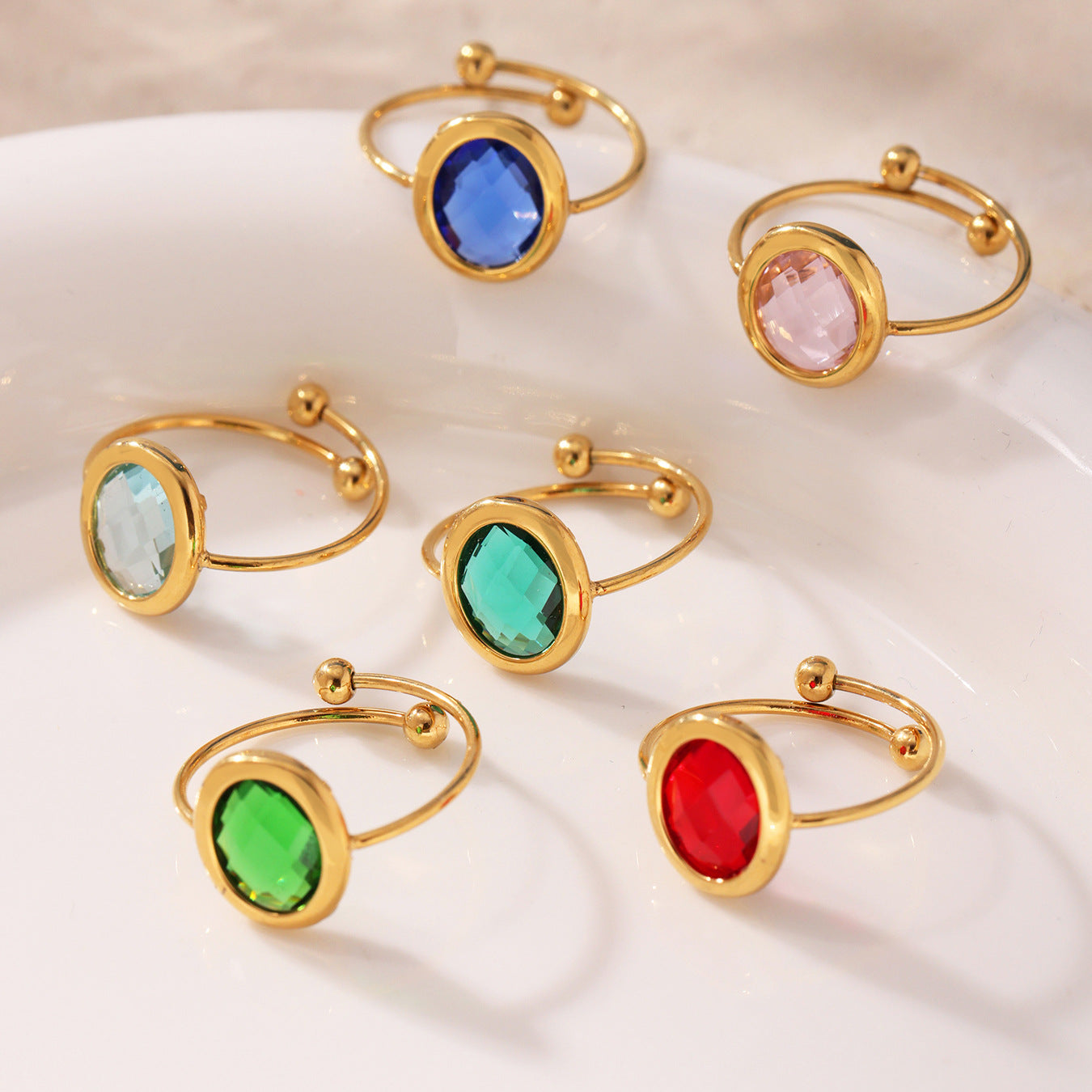 Set of adjustable Czech sea glass rings with gold bands