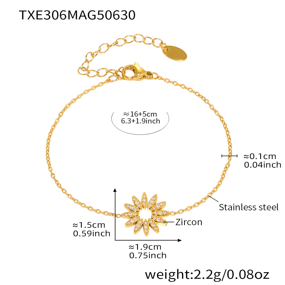 Gold sunflower zircon tennis bracelet with full measurements and stainless steel info