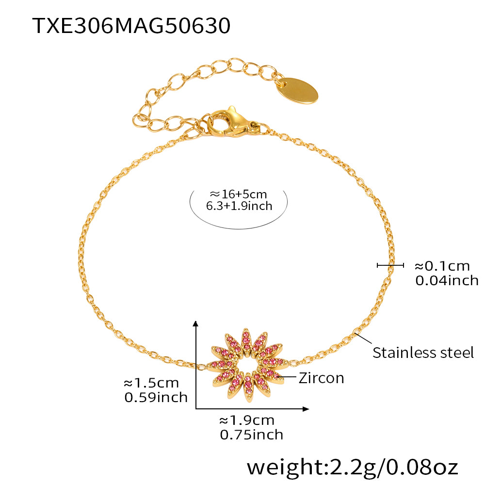 Gold tennis bracelet with size details and zircon design on white background