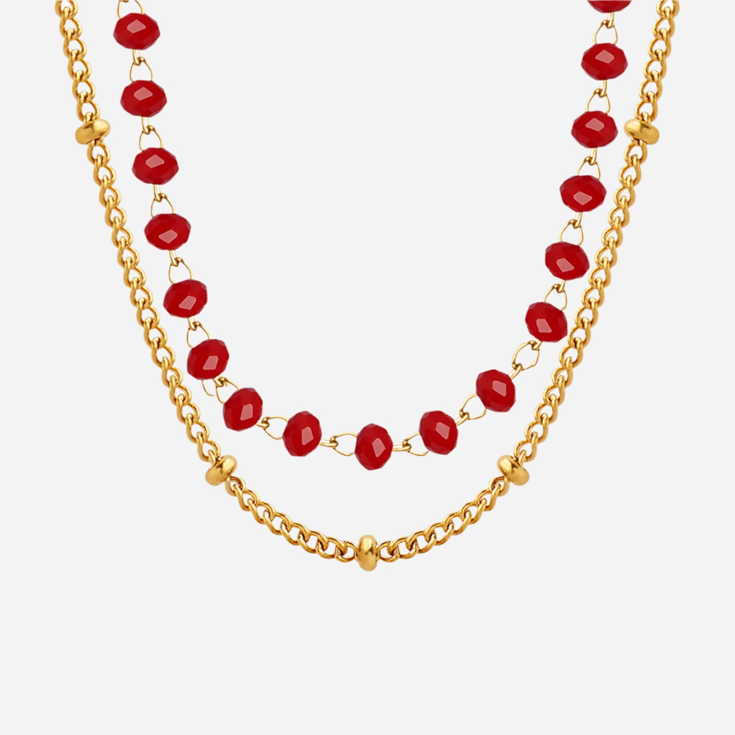 Double-layer red sea glass necklace with gold stainless steel chain on white background