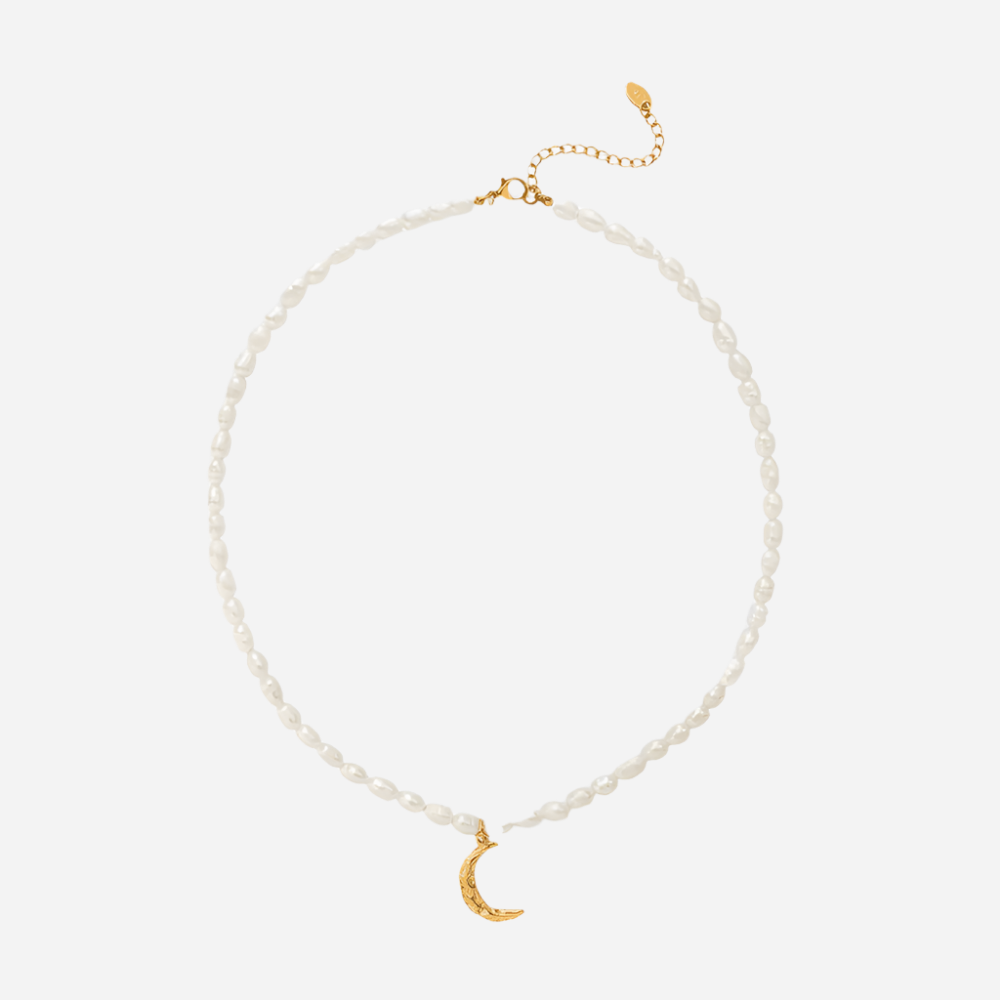 Moonlight Kiss Natural Freshwater Pearl Moon Pendant Necklace
