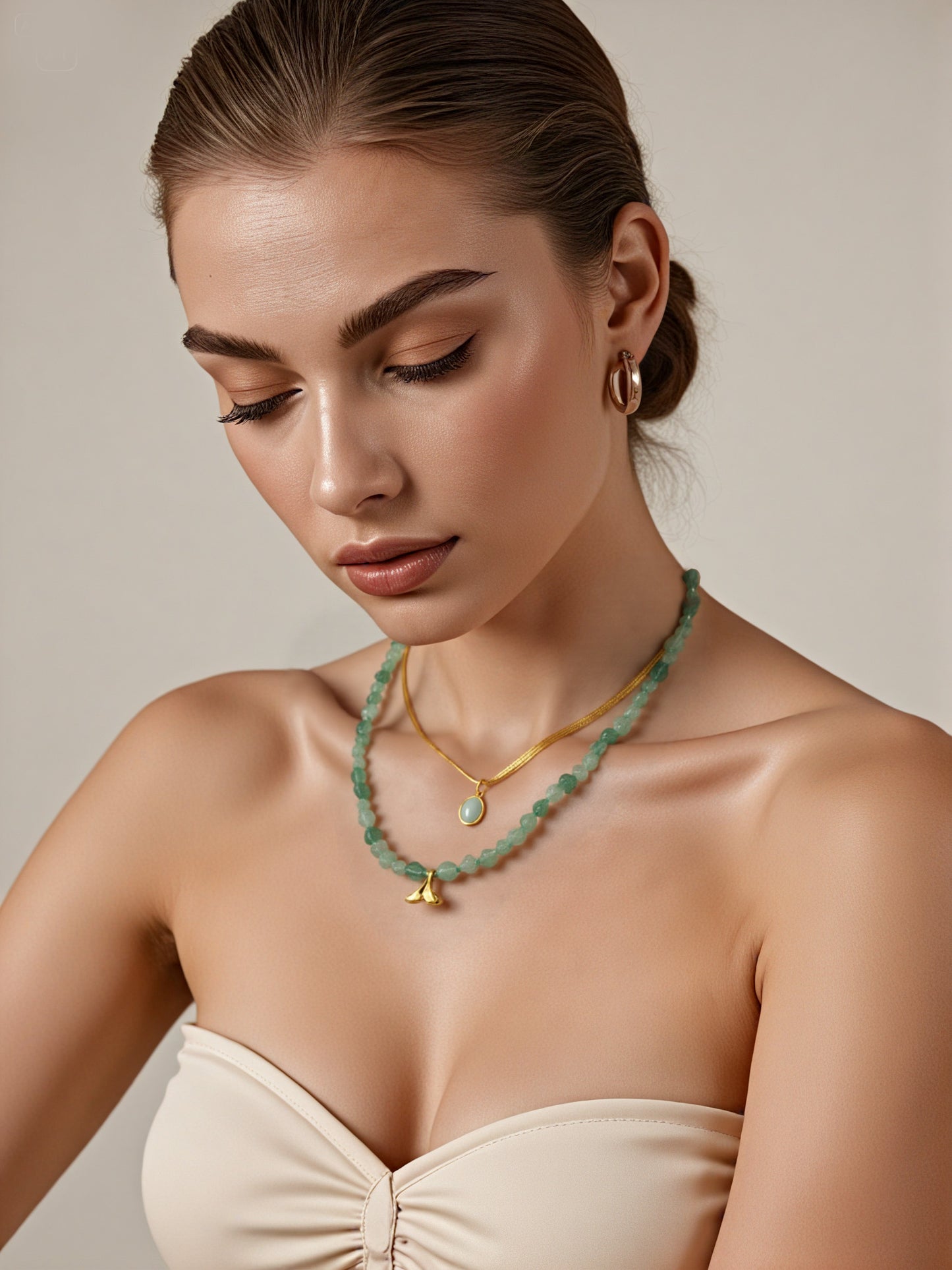Green Natural Stone Fish Tail Shell Pendant Square Snake Chain Elliptical Sea Blue Treasure Pendant Double Stacked Necklace