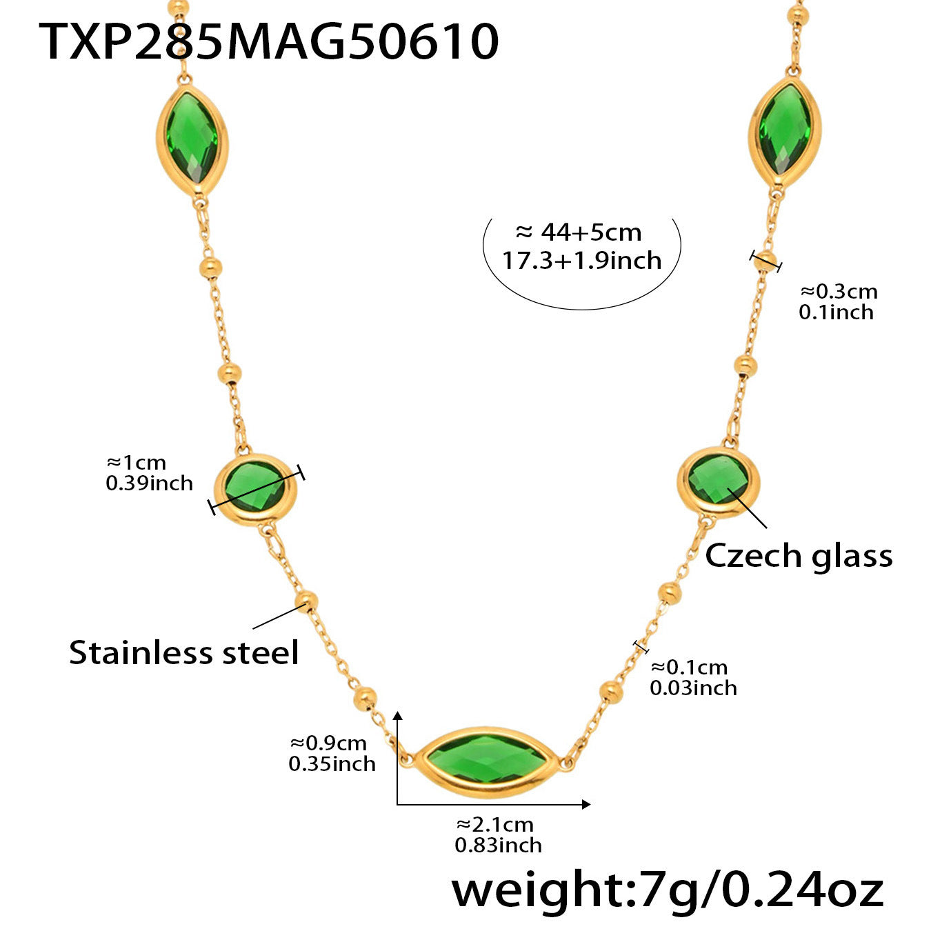 Size guide for green sea glass necklace showing length and clasp