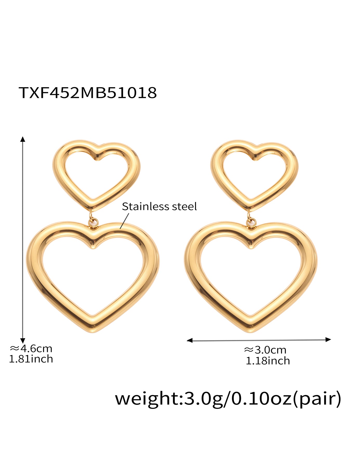 Heart hoop earrings size chart showing measurements and stainless steel material details