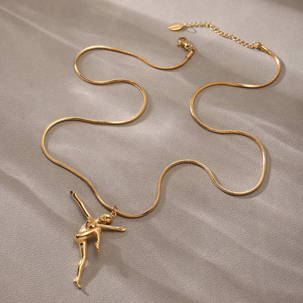 Stylish scene shots of model wearing the 55+5cm gold tennis necklace with dancing girl charm, perfect for showcasing its elegance in everyday wear.