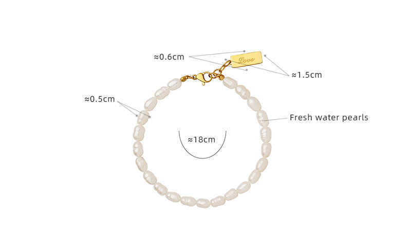 Specification image showing size, material, and waterproof features of pearl bracelet