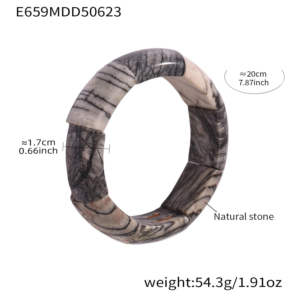 Marbled natural stone tennis bracelet with stretch cord and dimension chart on white background