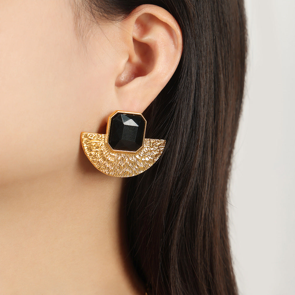 Vintage fan shaped glass earrings Hand-inlaid vintage Baroque earrings
