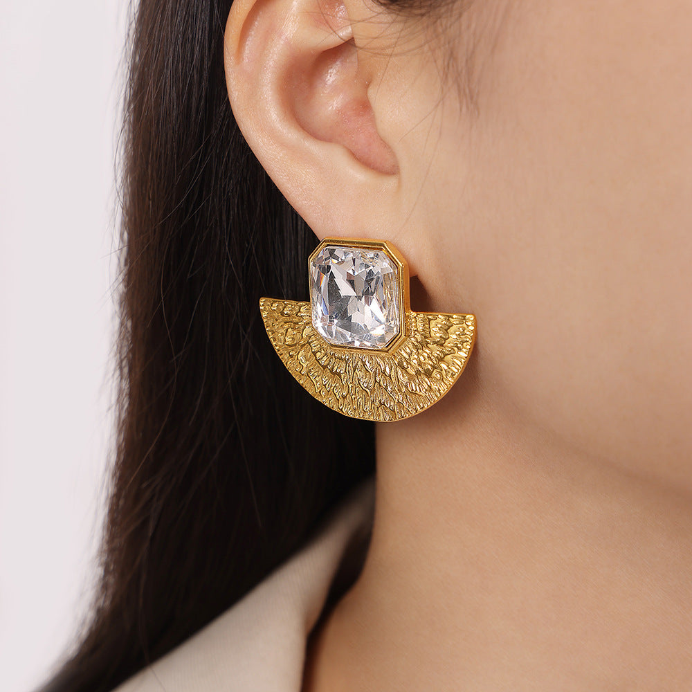 Vintage fan shaped glass earrings Hand-inlaid vintage Baroque earrings