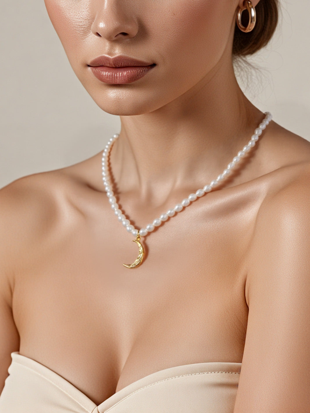 Moonlight Kiss Natural Freshwater Pearl Moon Pendant Necklace