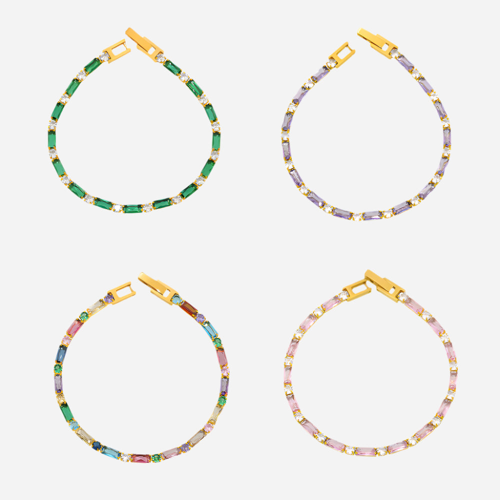 Colorful beaded bracelets with gold clasps – multicolor stainless steel design on white background