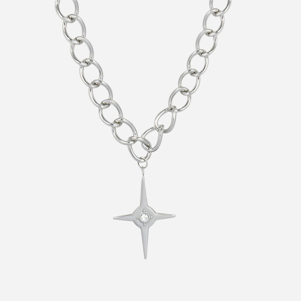 Silver necklace with a star-shaped pendant on a white background