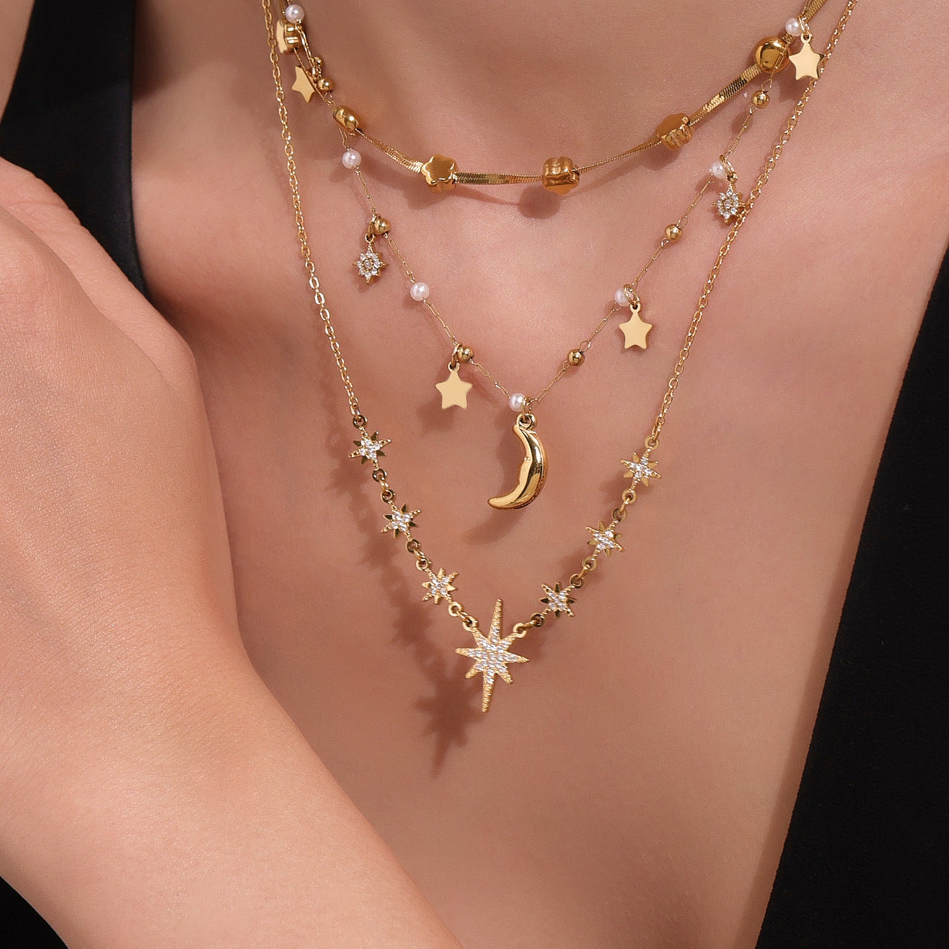 Zircon Eight-pointed Star Multi-accessory Clavicle Necklace Stainless Steel