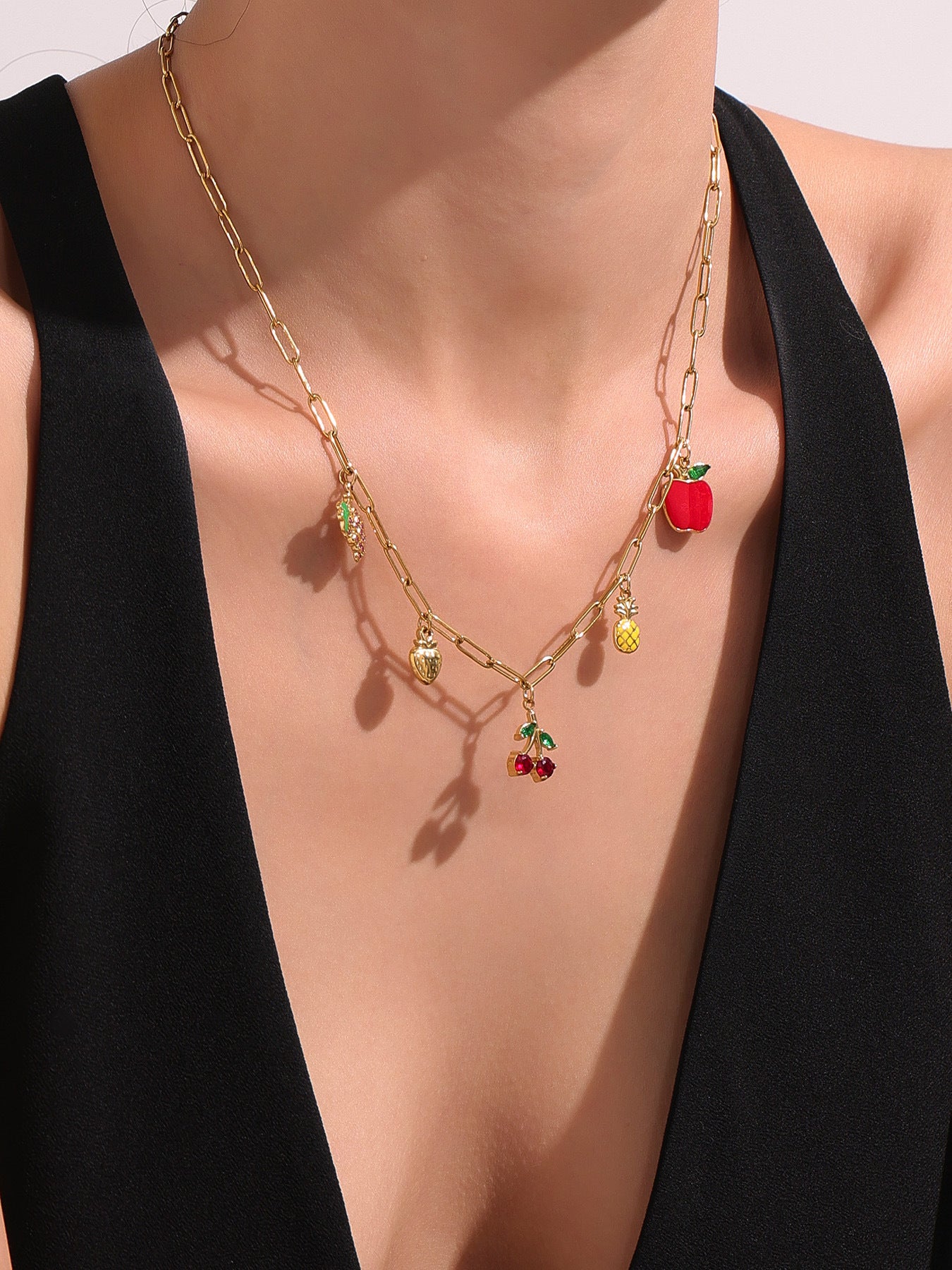 18K Gold Cherry Fruit Necklace Stainless Steel Necklace
