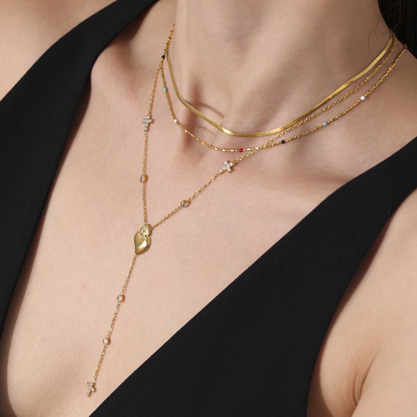 5A Zircon Cross Multi-layer Tassel Clavicle Necklace Stainless Steel