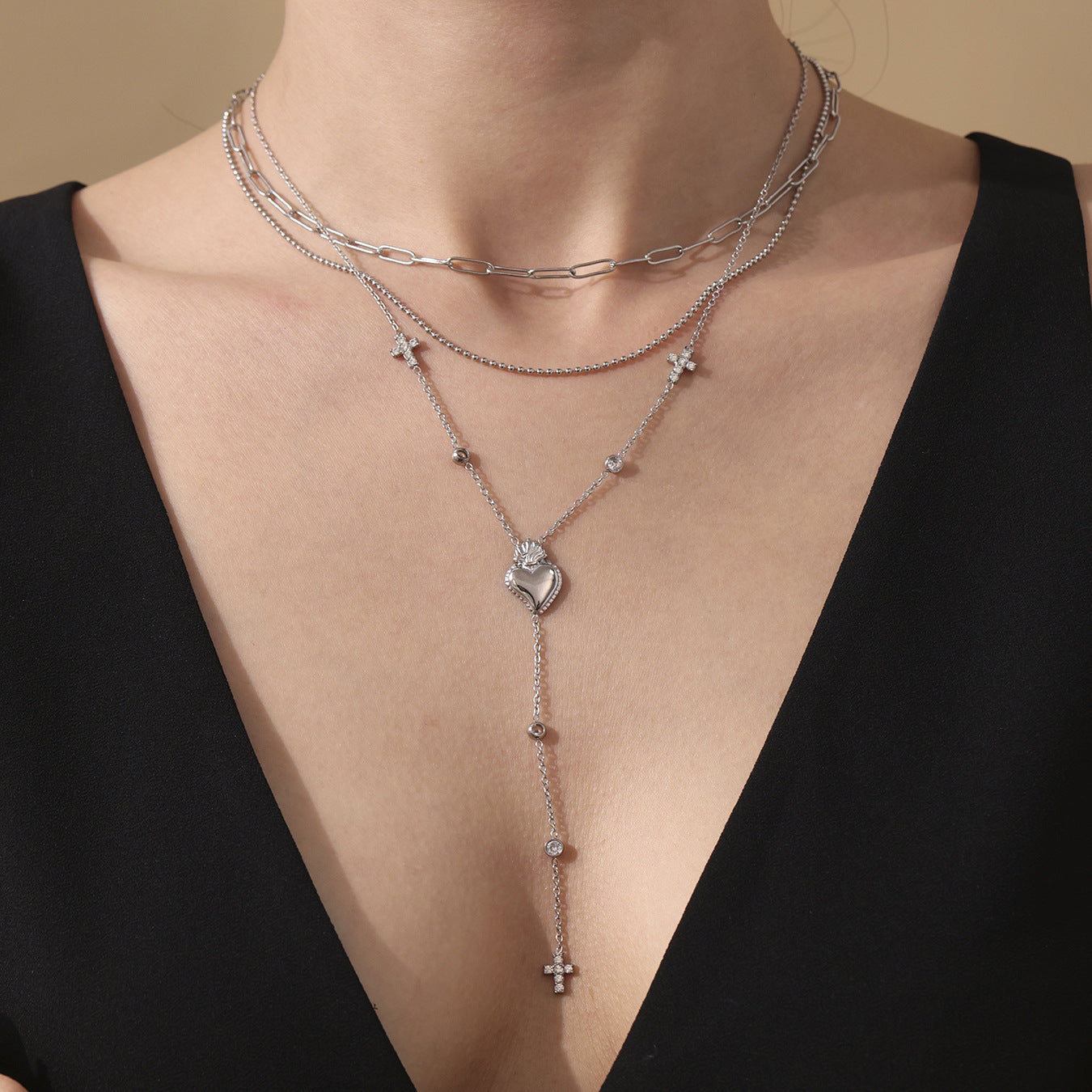 5A Zircon Cross Multi-layer Tassel Clavicle Necklace Stainless Steel