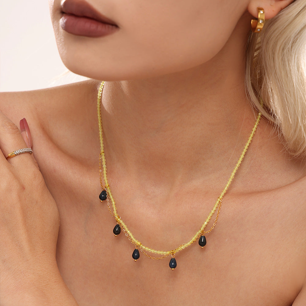 Natural Stone Hand-Beaded Teardrop Cat's Eye Necklace