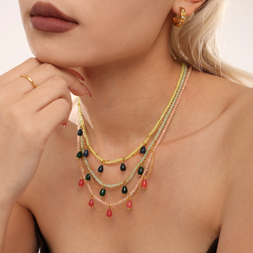 Natural Stone Hand-Beaded Teardrop Cat's Eye Necklace