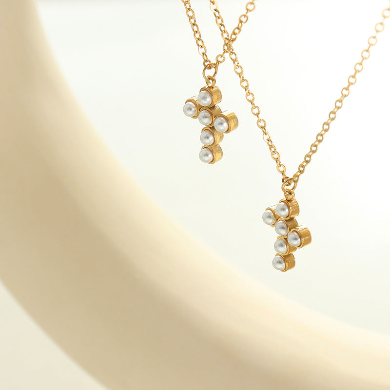 Pearl Cross Pendant Necklace – Elegant Waterproof Faith Jewelry