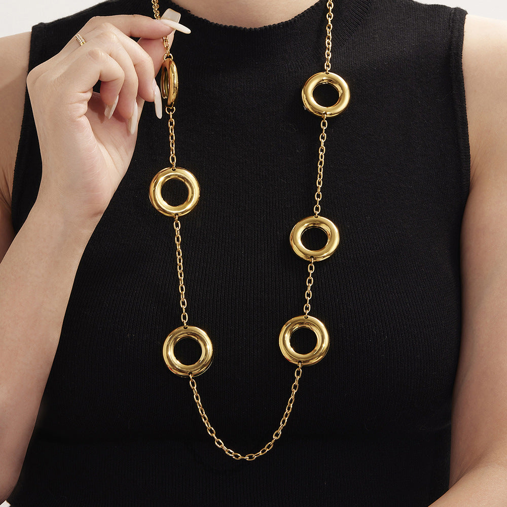 Stainless Steel Hollow Ring Long Two-tone Sweater Chain Necklace