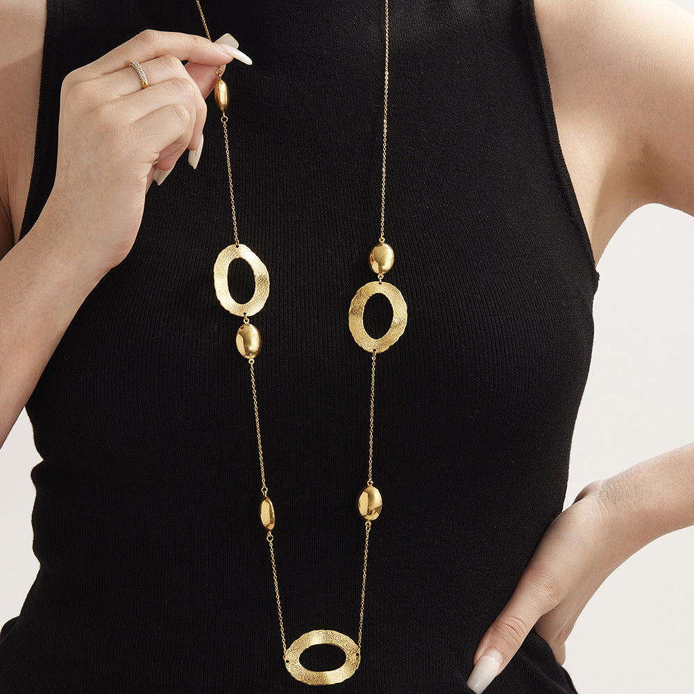 Hammered egg-Shaped Hollow Design Long Sweater Chain Necklace