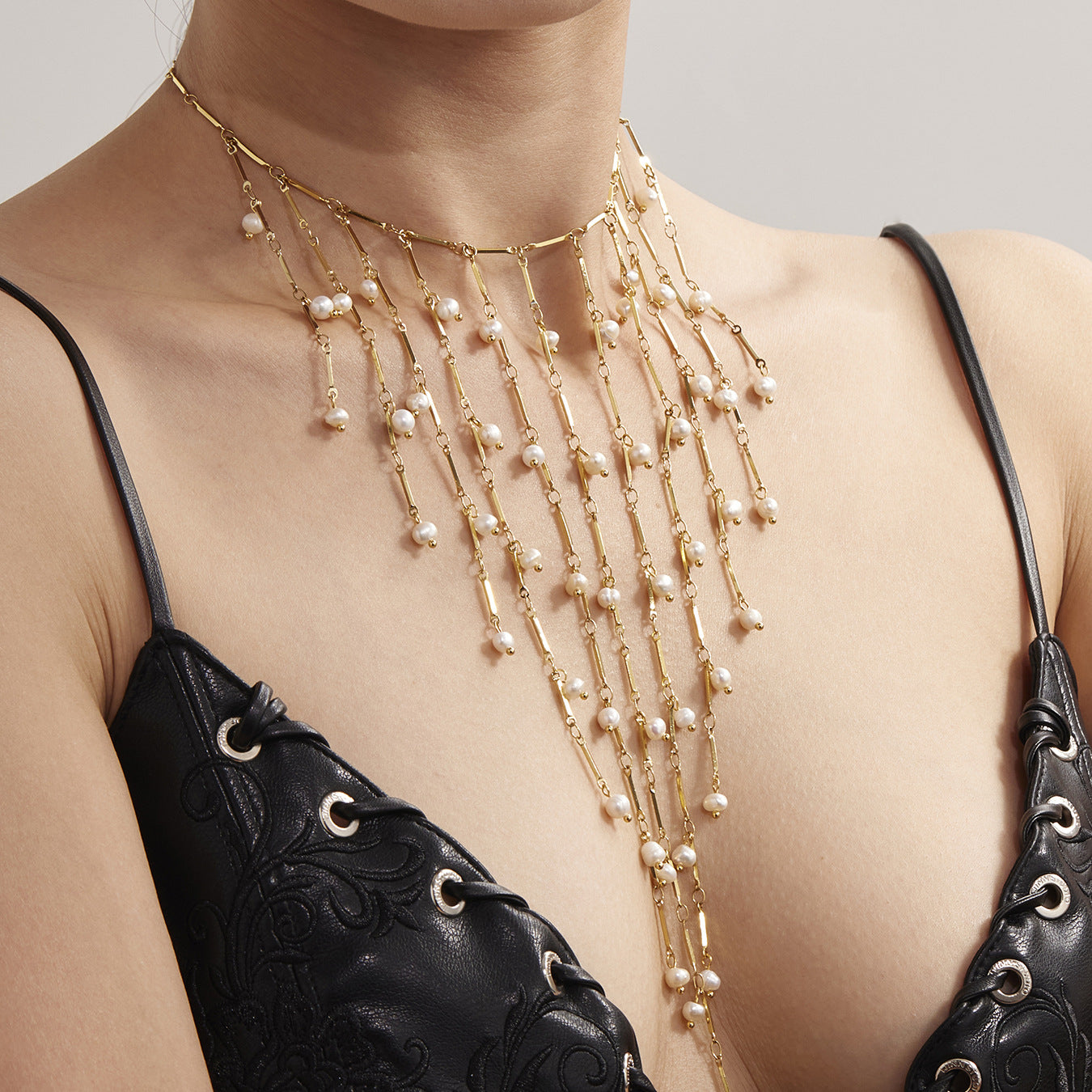 Freshwater Pearl Multi-Tassel Clavicle Necklace Stainless Steel