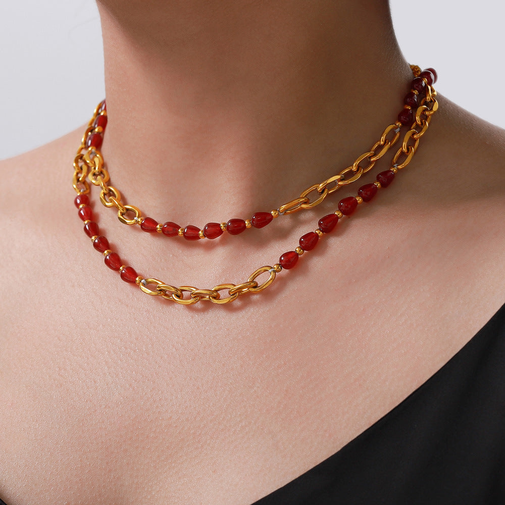 Red Agate Garnet Beaded Necklace Stainless Steel