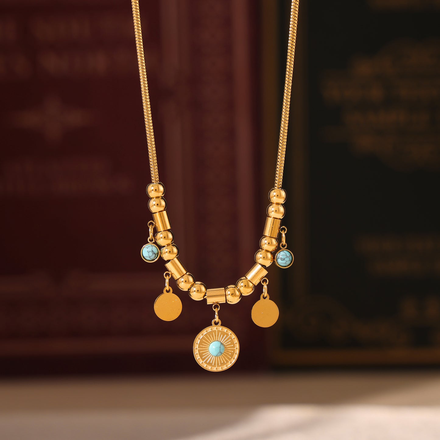 Blue Turquoise Round Pendan Necklace