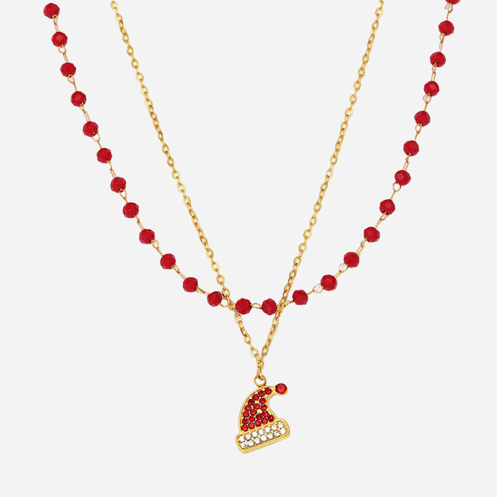 Stainless Steel Zircon Christmas Hat Pendant Garnet Double Bracelet