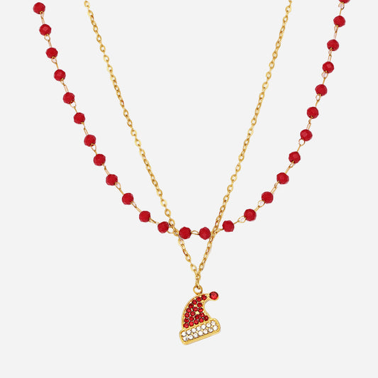 Stainless Steel Zircon Christmas Hat Pendant Garnet Double Bracelet