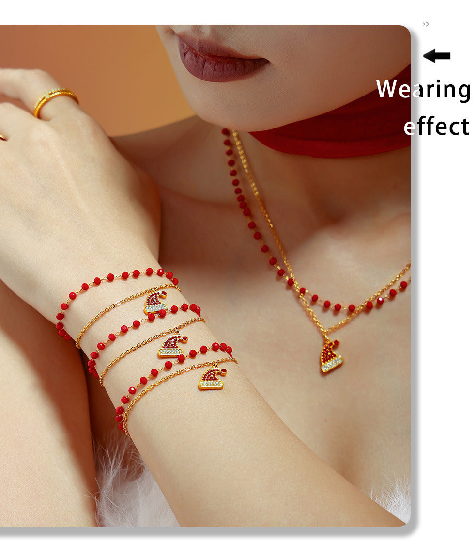 Stainless Steel Zircon Christmas Hat Pendant Garnet Double Bracelet