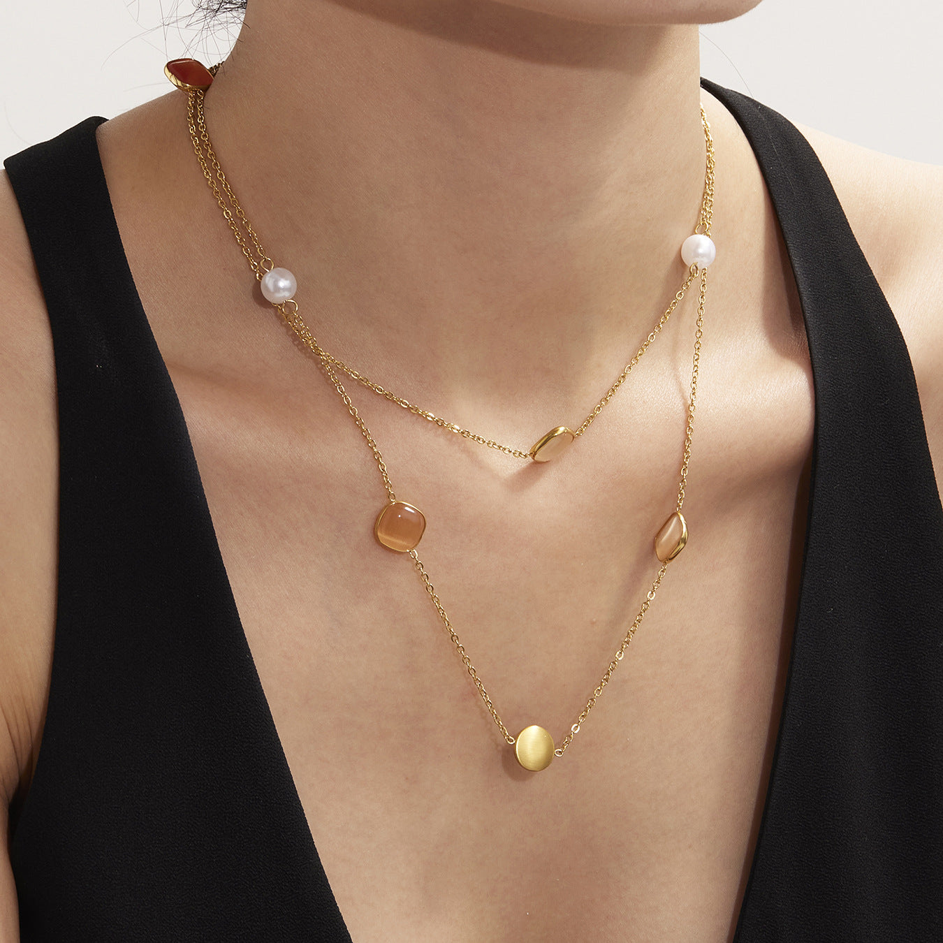 Candy-Colored Square Cat's eye Long Stacking Clavicle Necklace