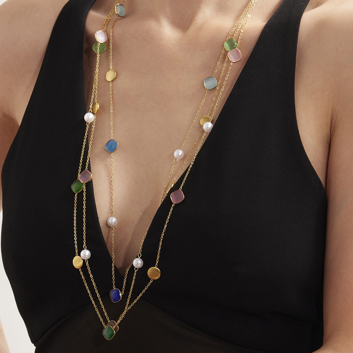 Candy-Colored Square Cat's eye Long Stacking Clavicle Necklace