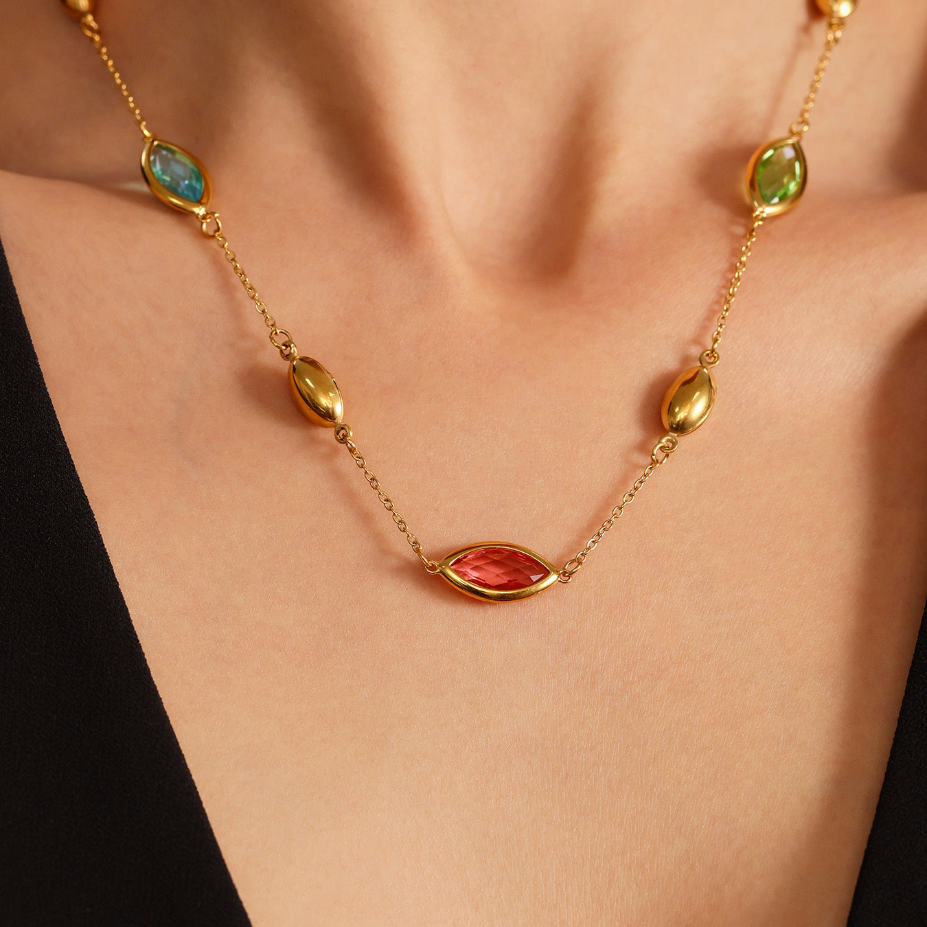Gold Crystal Pendant Necklace | Oval Bead on Waterproof Gold Chain