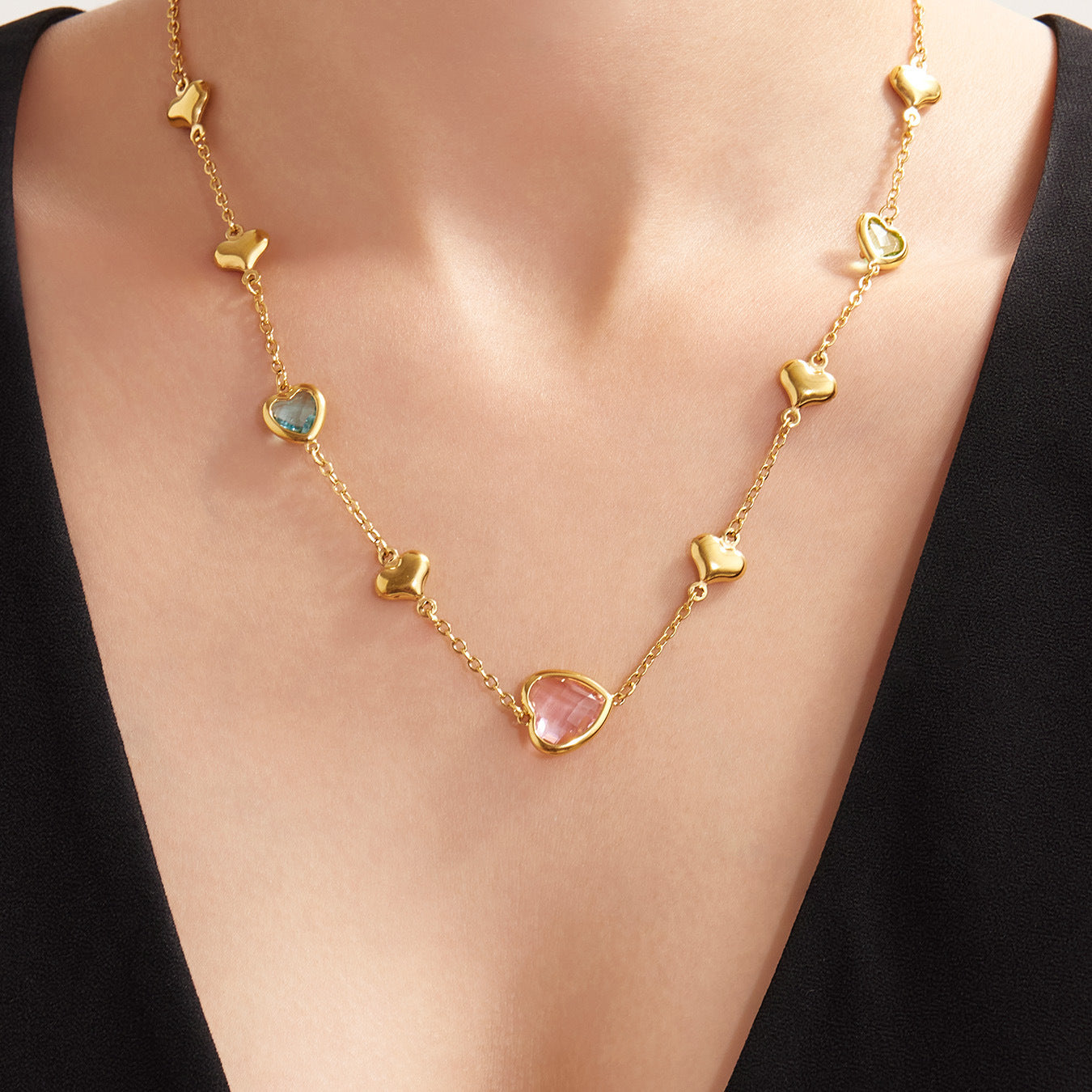 Faceted Glass Stone Hollow Heart Clavicle Chain Stainless Steel