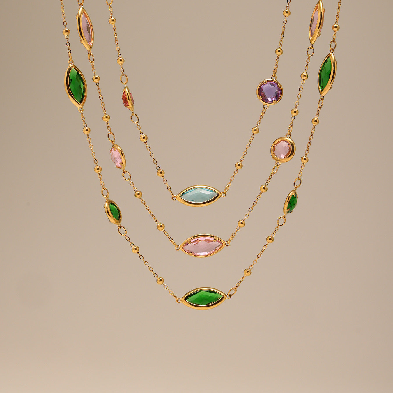 Rainbow Sea Glass Necklace | Gold Beaded Multicolor Statement Jewelry