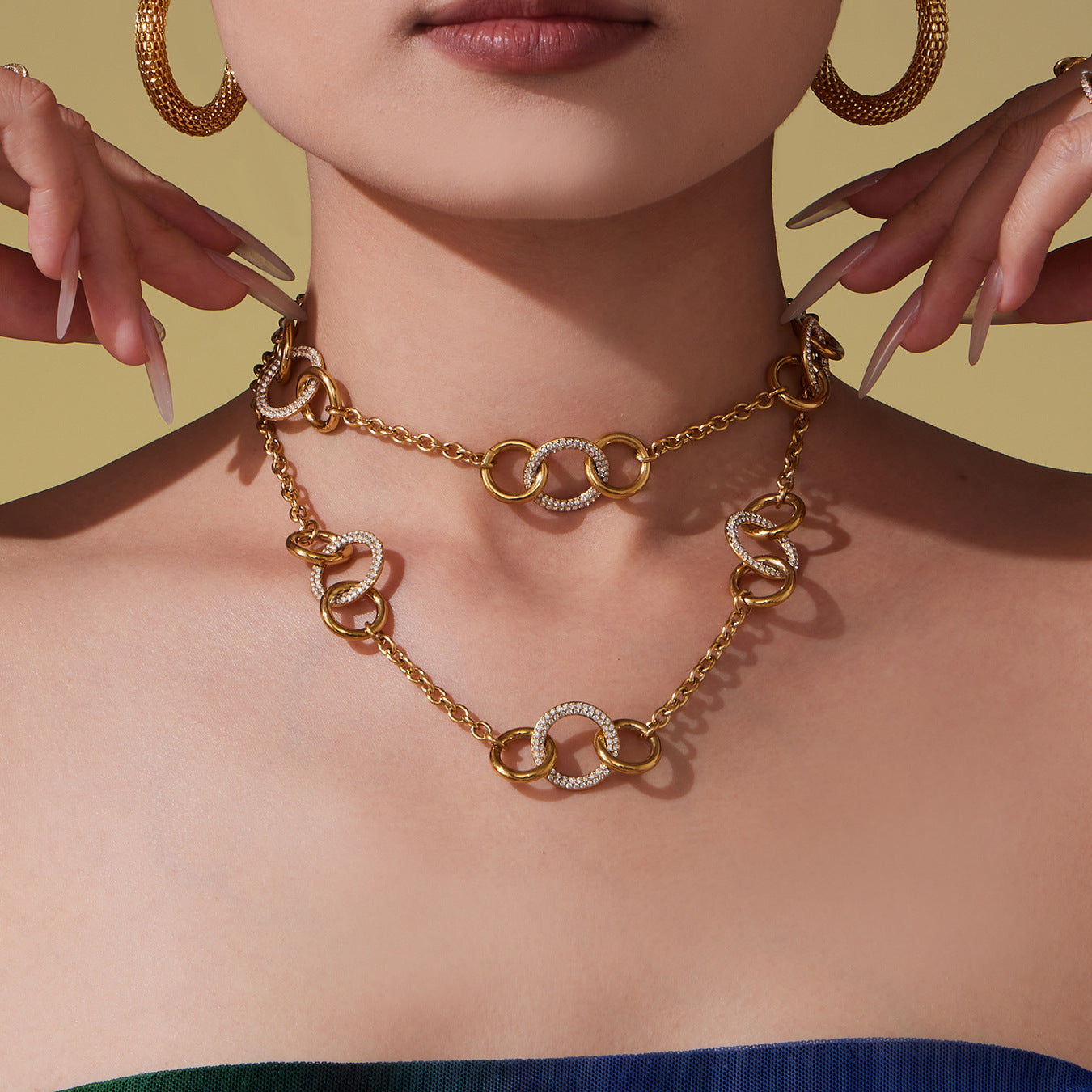 Stainless Steel Zircon Hoop Hand-Stitched Necklace Gold Color
