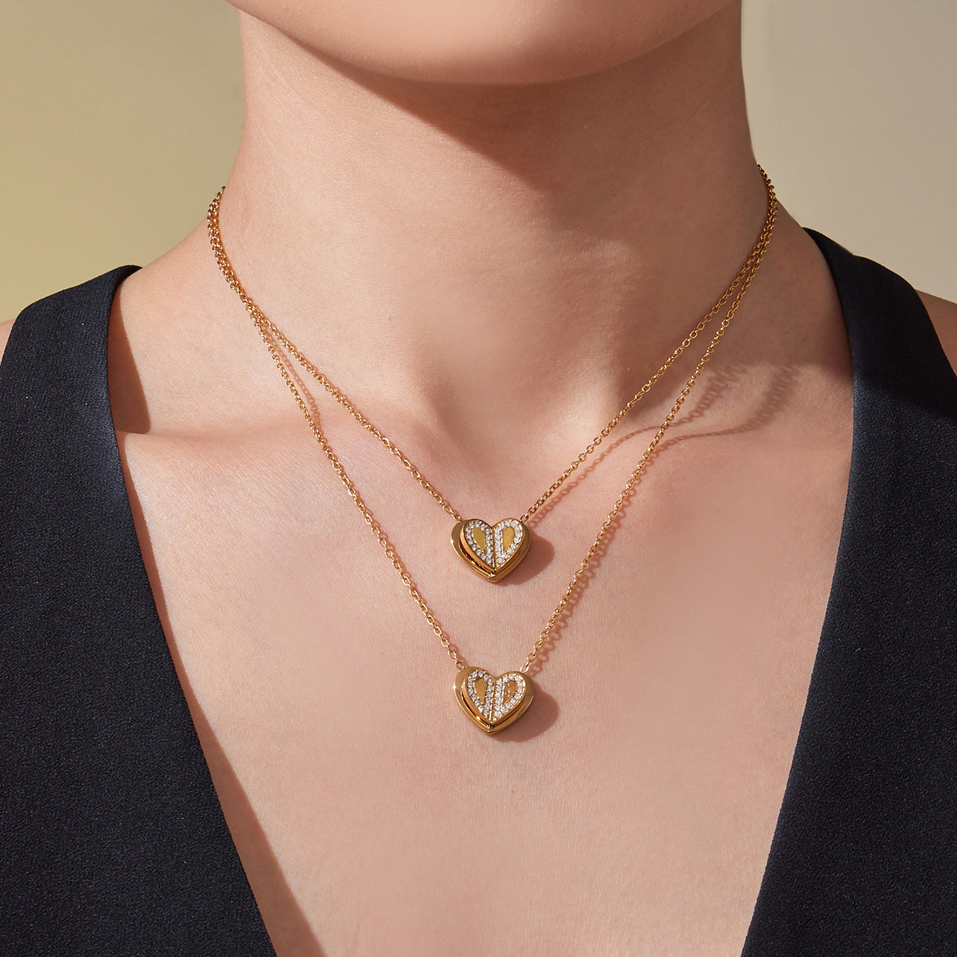Super Shiny 5A Zircon Three-dimensional Double-layer Heart Pendant Necklace