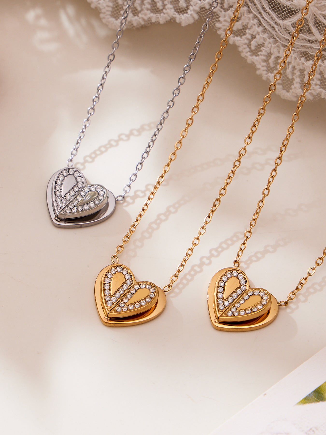 Super Shiny 5A Zircon Three-dimensional Double-layer Heart Pendant Necklace