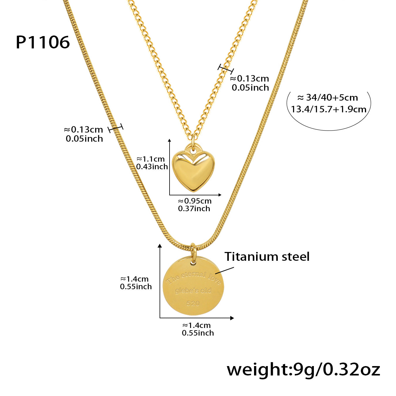 Product dimension chart of stainless steel double layered peach heart charm necklace – 38cm + 5cm extender chain