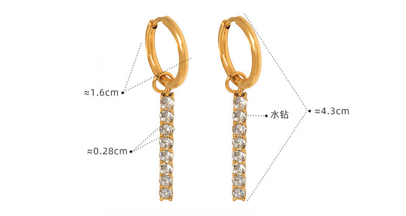 Gold hoop earrings with diamond-like stones, showing measurements on a white background.