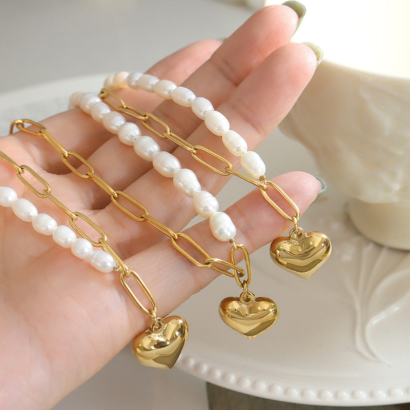 Minimalist Baroque Pearl Heart Chain Necklace