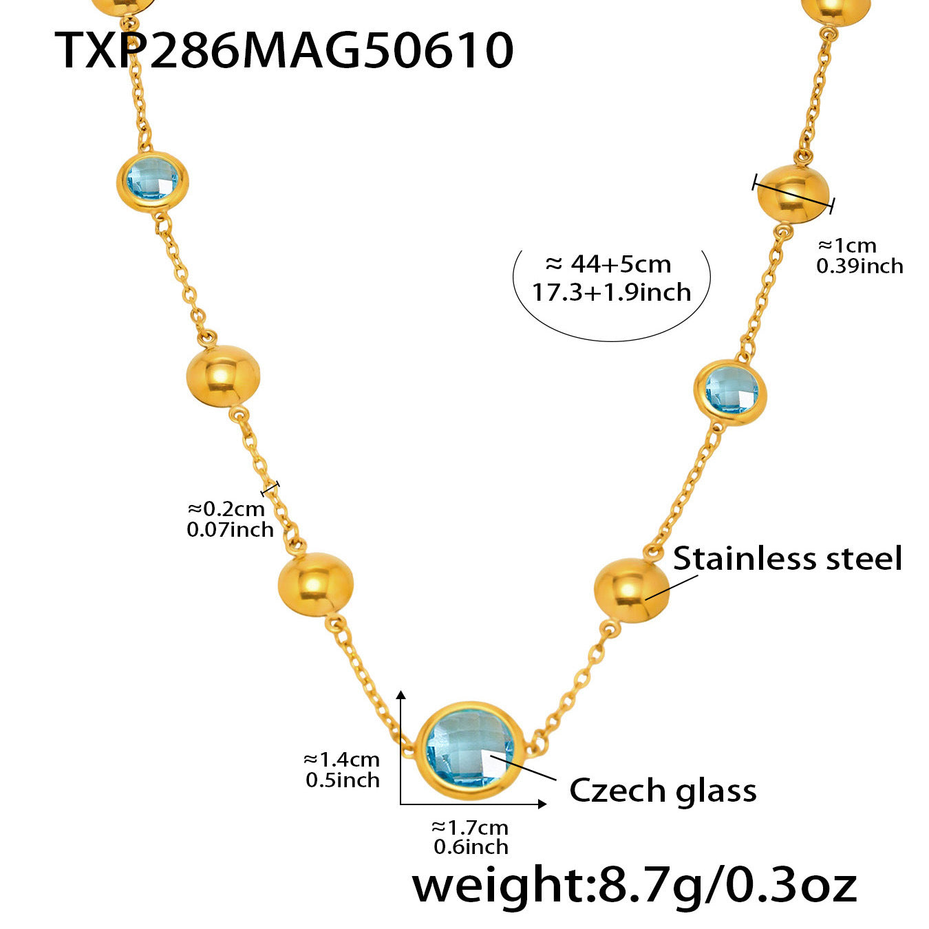 Gold necklace with blue beads and measurements on a white background