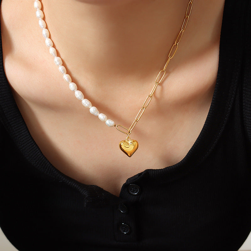 Minimalist Baroque Pearl Heart Chain Necklace