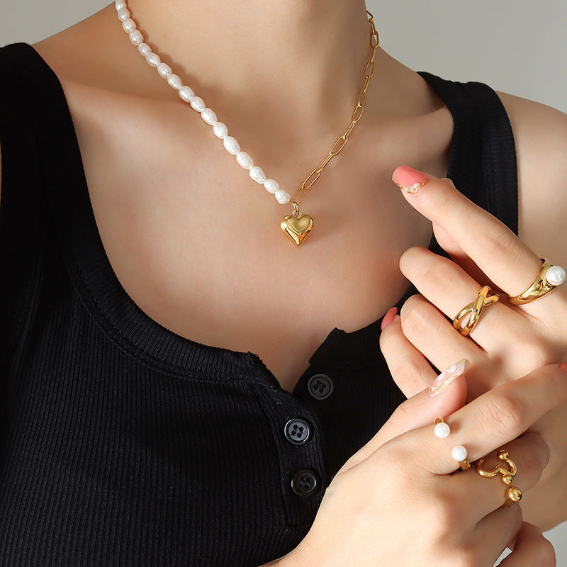 Minimalist Baroque Pearl Heart Chain Necklace