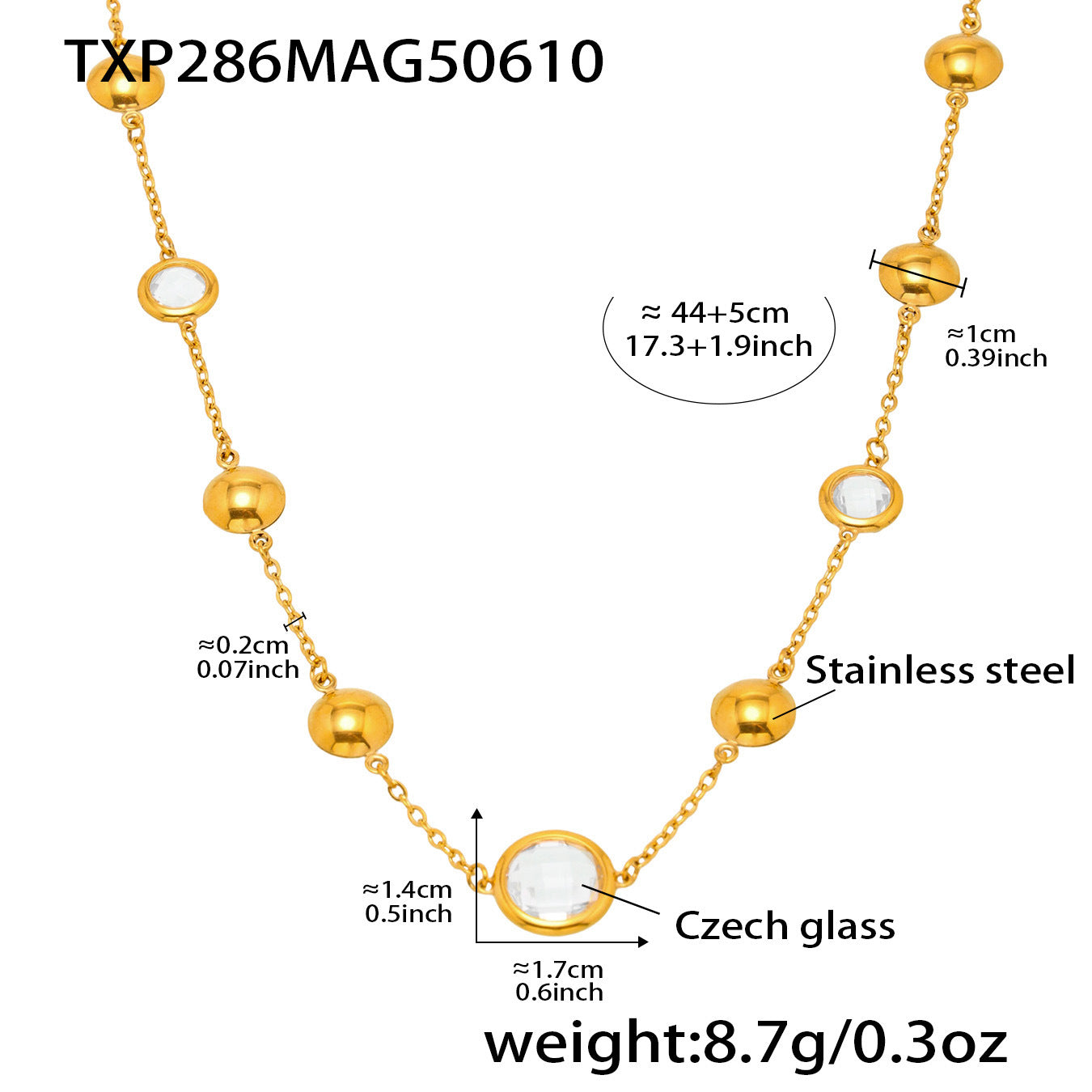 Gold necklace with measurements and material details on a white background