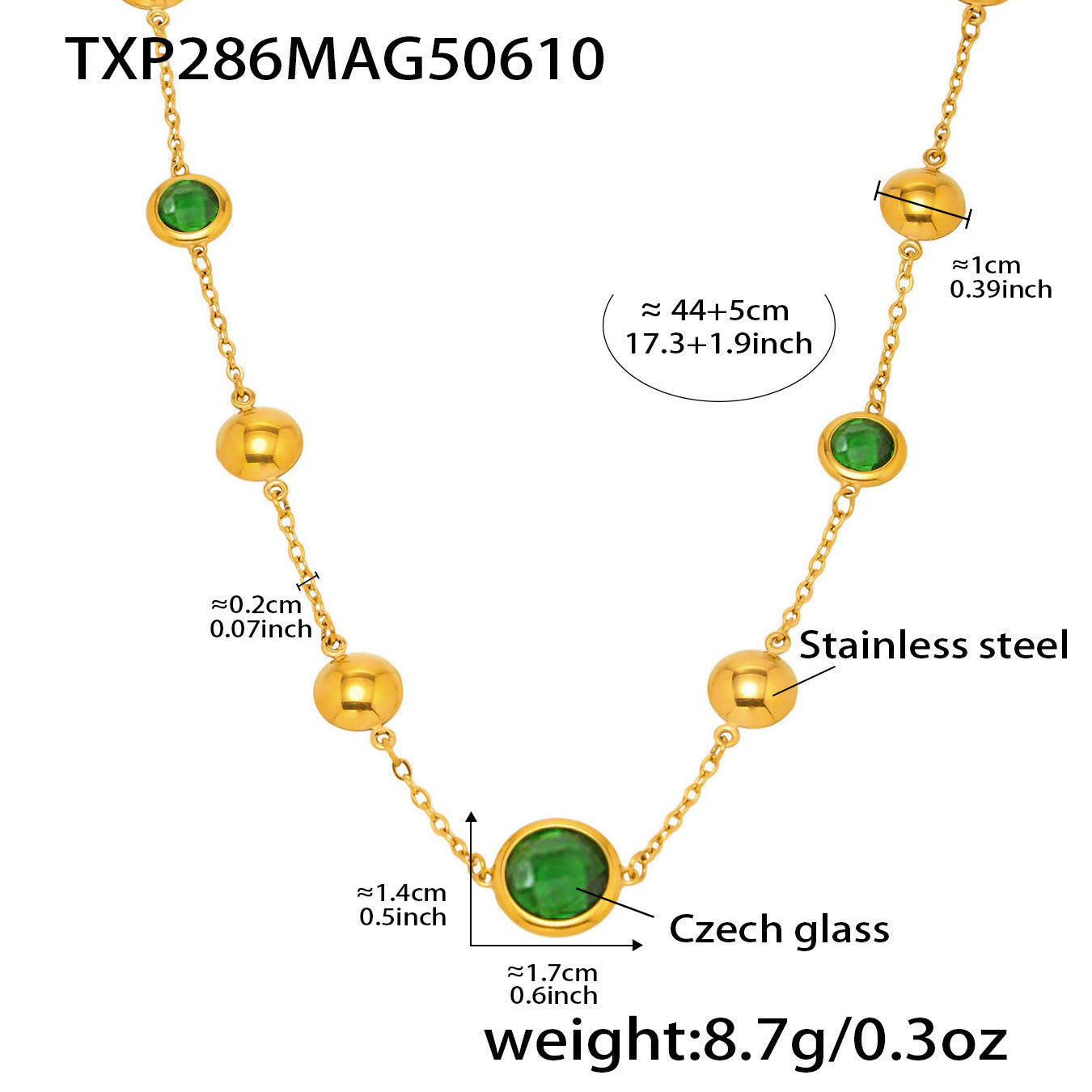Gold necklace with green beads and measurements on a white background