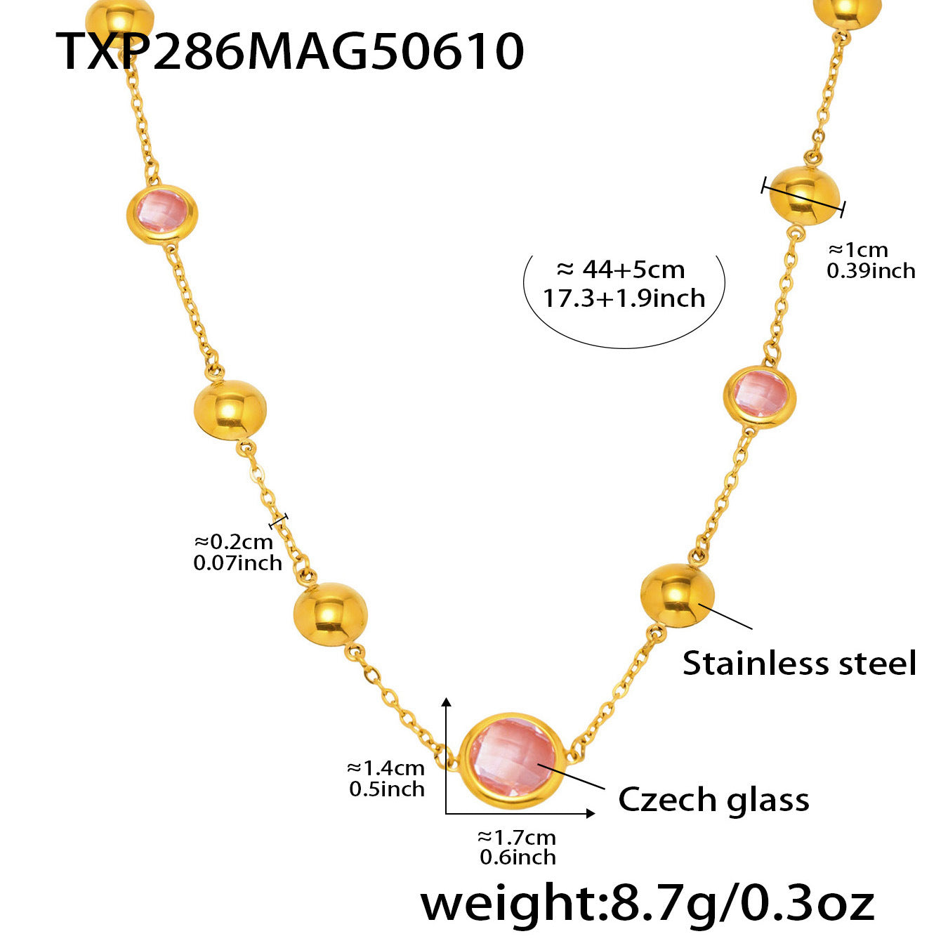 Gold necklace with pink beads and measurements on a white background