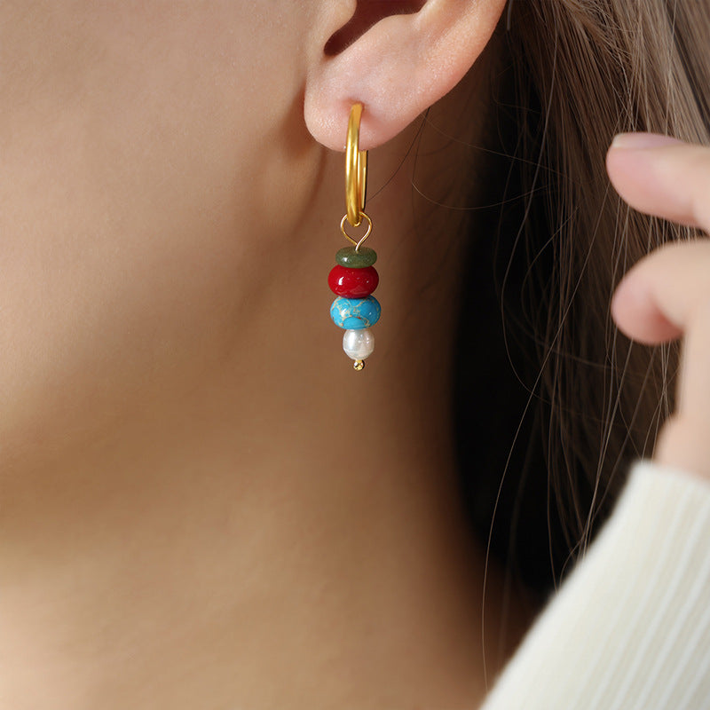 European Style Natural Stone Abacus Bead Earrings | Gold-Plated Titanium Steel