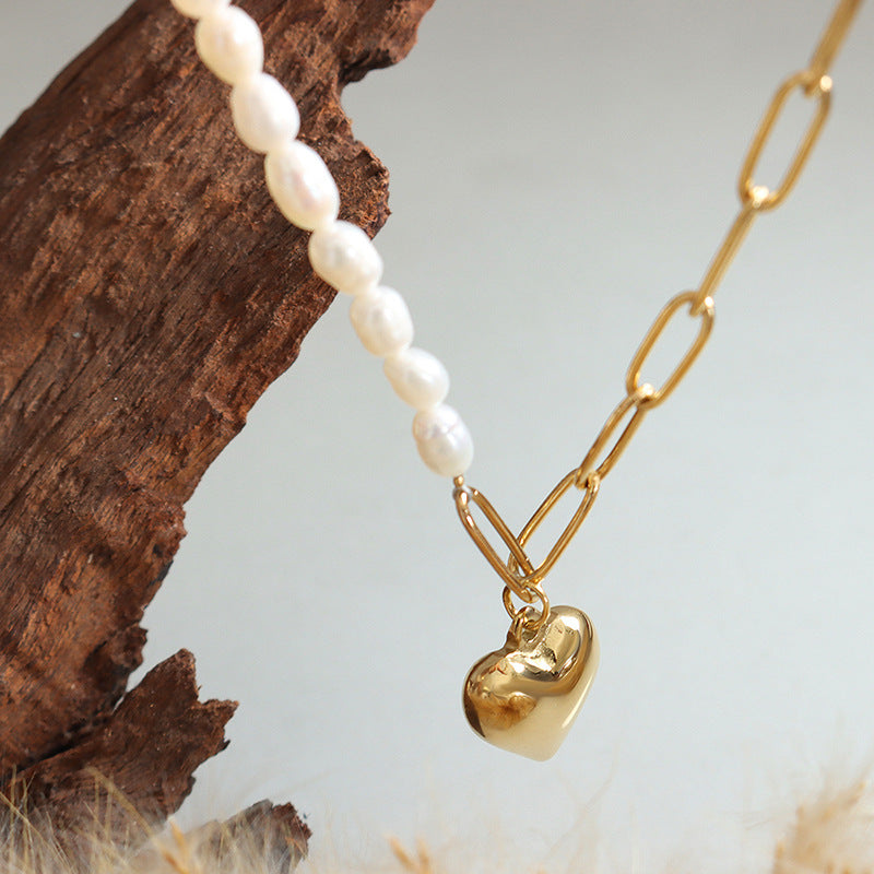 Minimalist Baroque Pearl Heart Chain Necklace